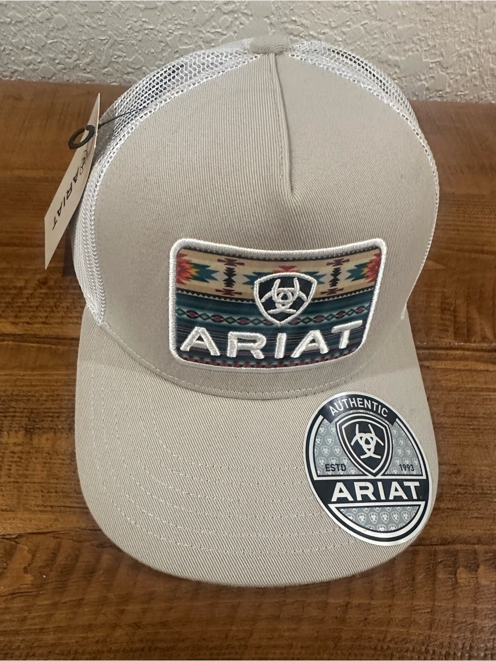 Ariat Tan Trucker Cap with Multicolor Navajo Patch